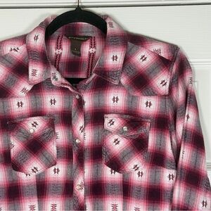 Bit & Bridle Pink Plaid Flannel Aztec Western Pearl Snap Long Sleeve Size Small